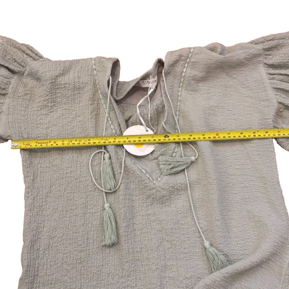 STORIA Womens S Greyish Mint Ruffle Top Blouse Peasant Cottage Core Tassle NWT - Picture 5 of 6